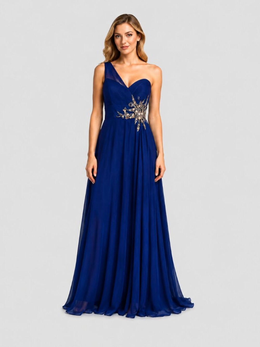 Joanna Chen Size 12 Royal Blue Beaded One Shoulder Prom Formal Gown Dress NWT.